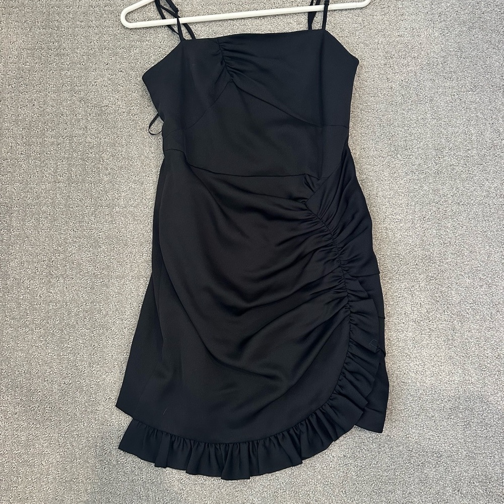 Black Ruched Ruffle Mini Dress - Women's Sleek Spaghetti Strap